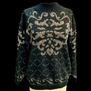 VINTAGE 80s metallic‎ gold bronze sparkly knit sweater mock neck festive fancy